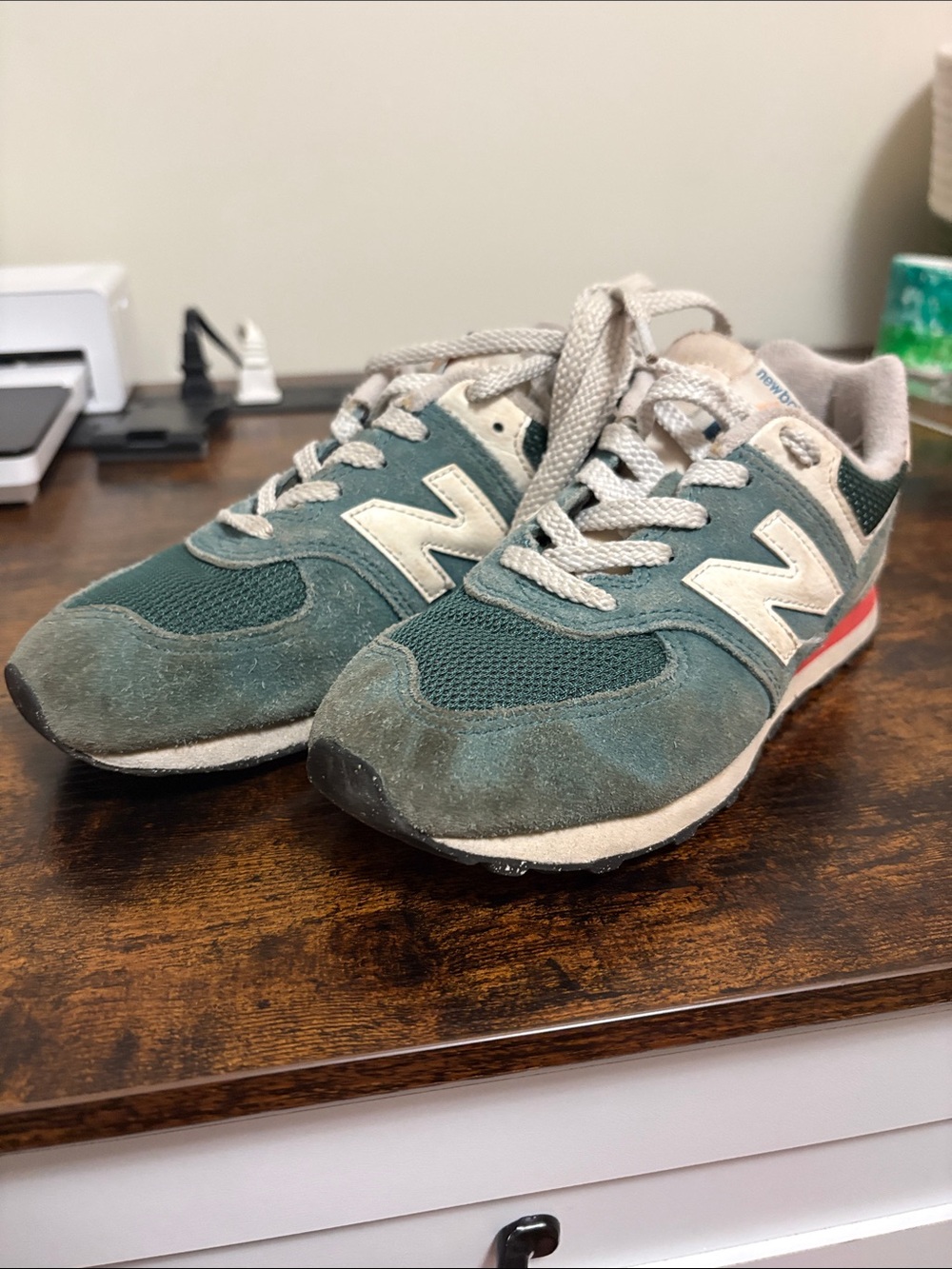 New Balance Kids Teal and Cream Sneakers with Red Accent